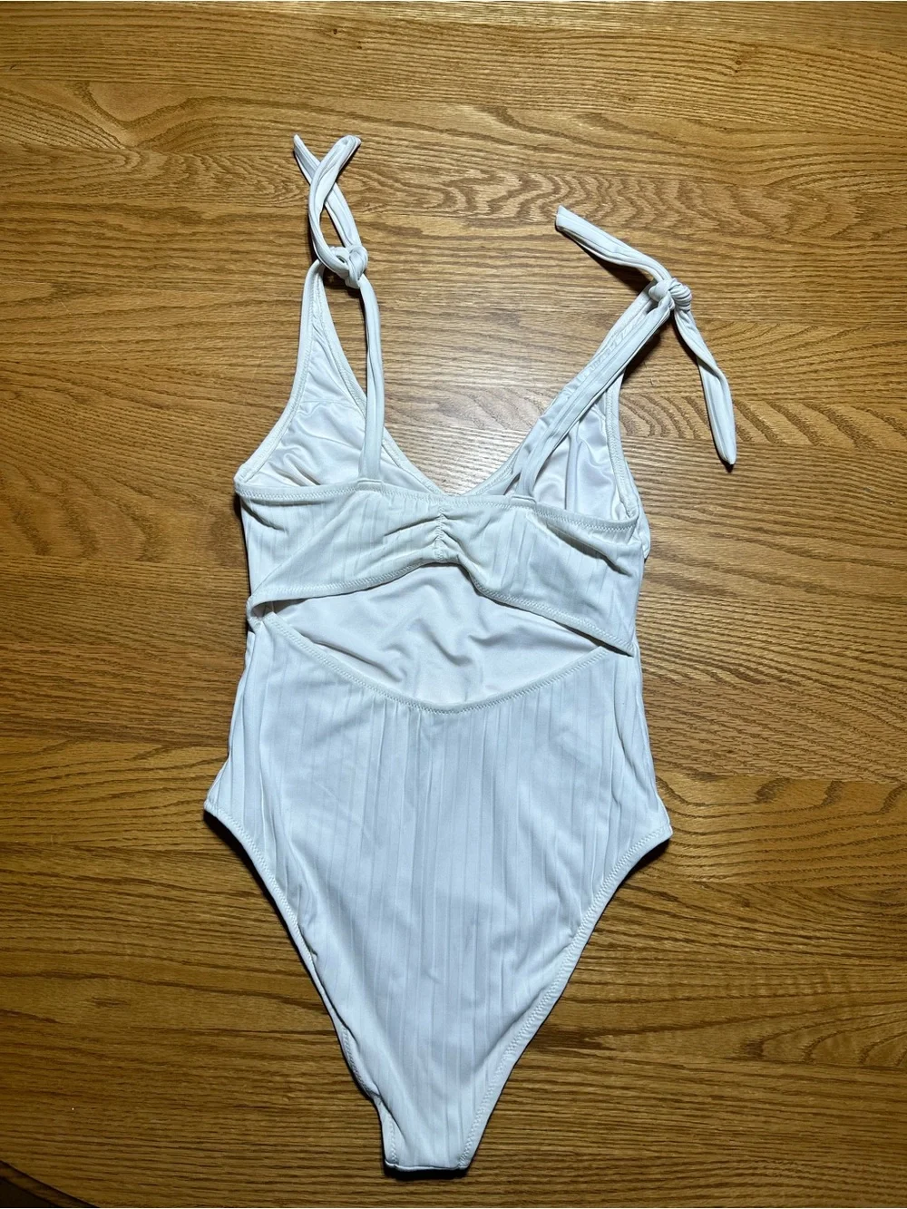 Women’s Shade & Shore Off White Ribbed Tie-Shoulder One-Piece Swimsuit Size S